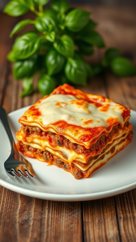 A slice of lasagna with layers of meat sauce, ricotta, and mozzarella on a plate with a fork.